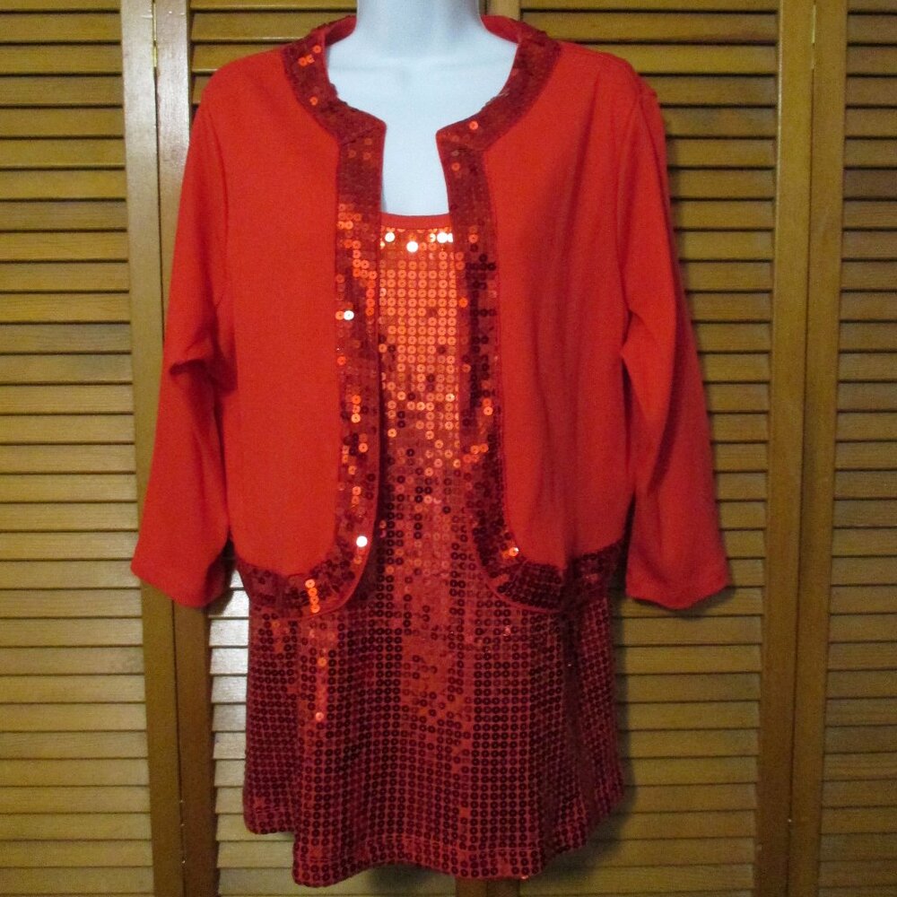 Denim 24/7 Top Red 2-piece tank & crop jacket, sequins, stretch like new size L